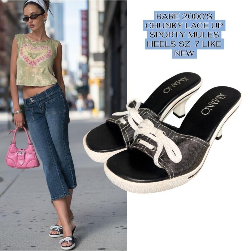 💎 RARE Vintage Y2K Denim Sporty Lace-Up Mules sz. 7 like new! 🏁👟